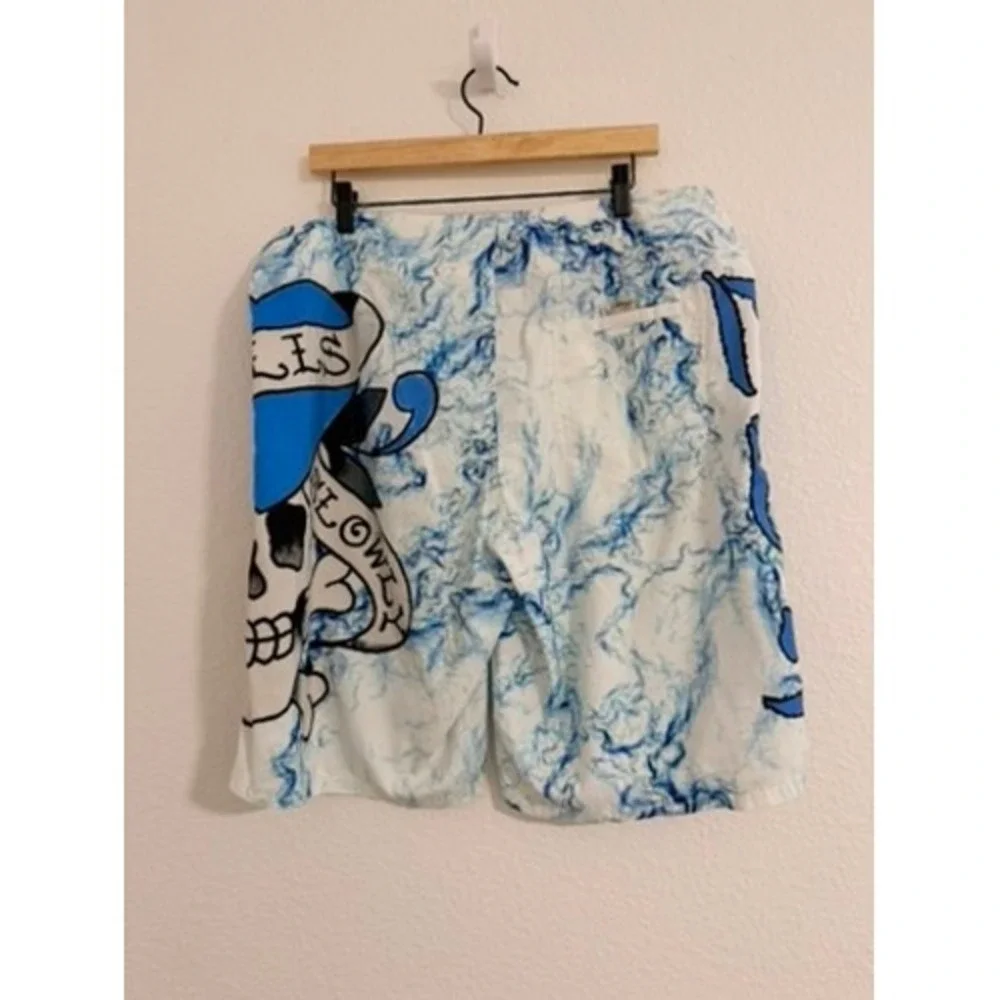 Ed Hardy Mens 36 BlueWhite Marble Love Kills Slowly Skull BoardShorts SwimTrunks